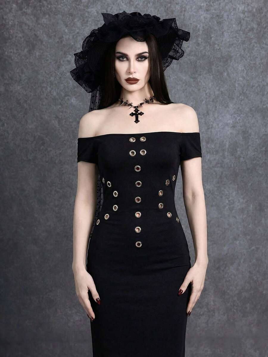 Black off-shoulder gothic long dress featuring a bodycon slim fit, double button details, and cap sleeves.