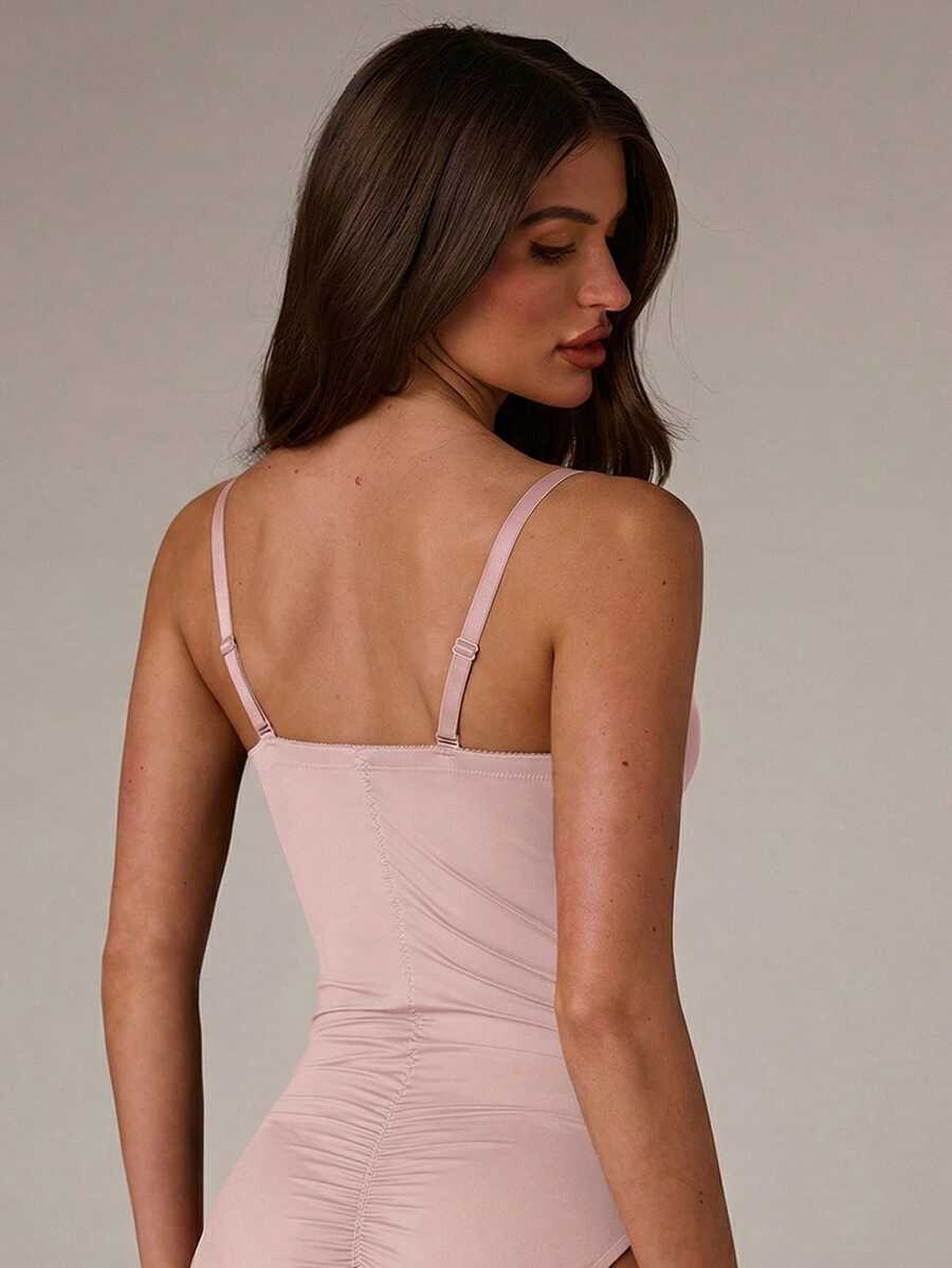 Apricot long shapewear bodysuit jumpsuit with cup detail featuring knitted stretch fabric for tummy and waist control