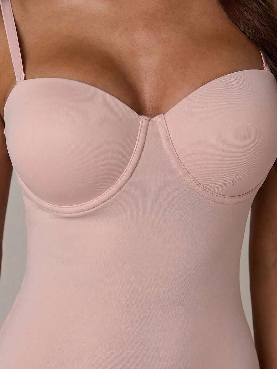 Apricot long shapewear bodysuit jumpsuit with cup detail featuring knitted stretch fabric for tummy and waist control