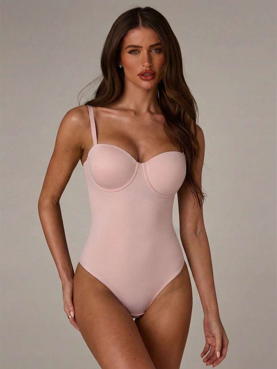 Apricot long shapewear bodysuit jumpsuit with cup detail featuring knitted stretch fabric for tummy and waist control