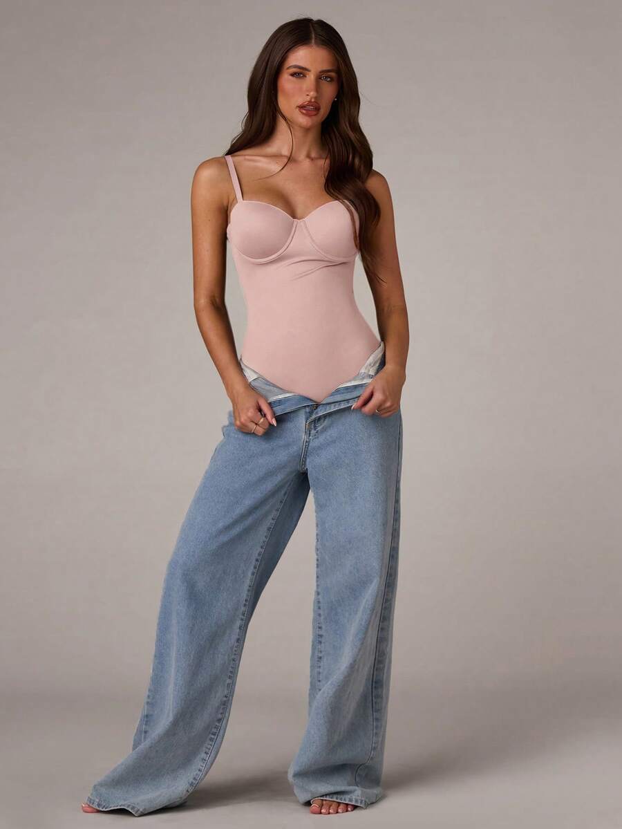 Apricot long shapewear bodysuit jumpsuit with cup detail featuring knitted stretch fabric for tummy and waist control