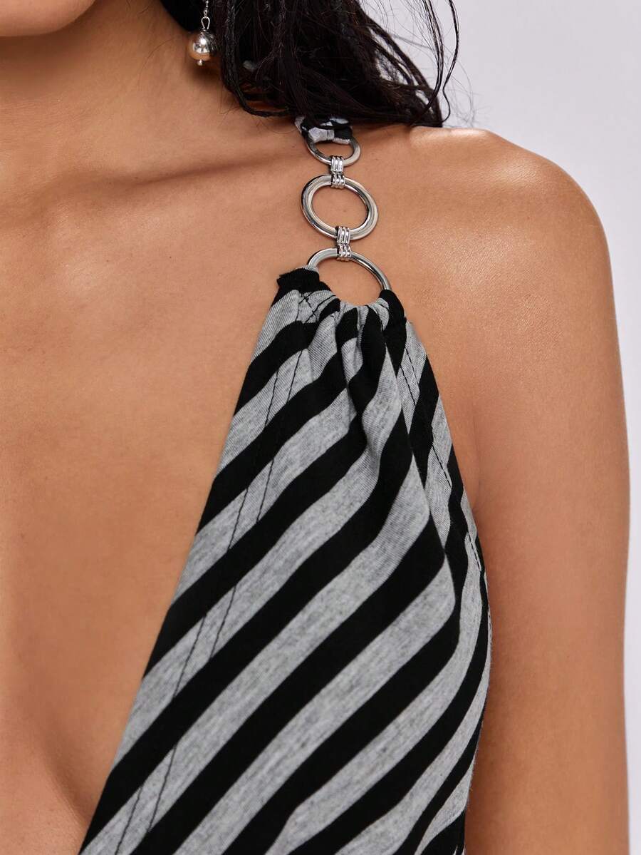 Women's striped halter bodycon mini dress featuring a sleeveless Y2K cami style in knitted high-stretch fabric with ring details.