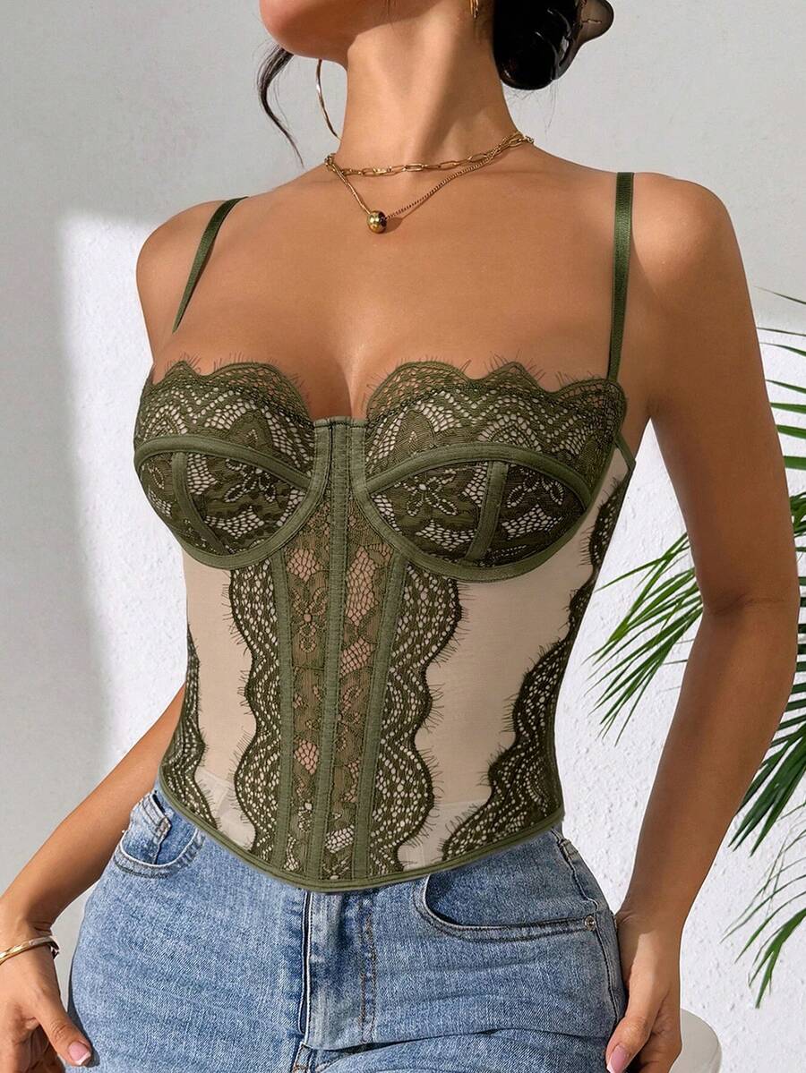 Women's brown lace trim cami corset crop top featuring a low cut neck, unlined body, and slim fit bodycon silhouette.