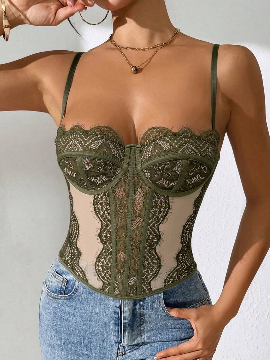 Women's brown lace trim cami corset crop top featuring a low cut neck, unlined body, and slim fit bodycon silhouette.