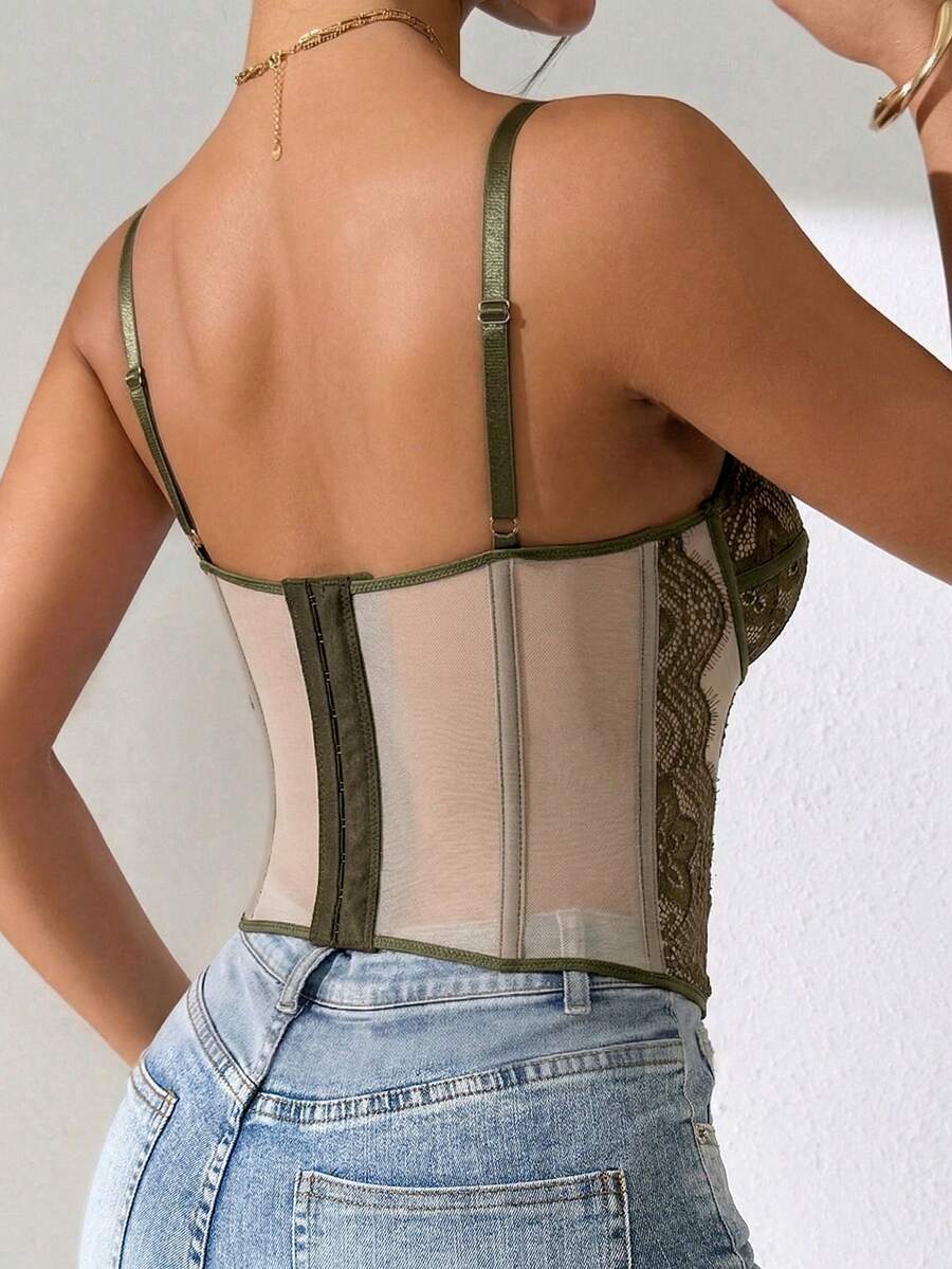 Women's brown lace trim cami corset crop top featuring a low cut neck, unlined body, and slim fit bodycon silhouette.