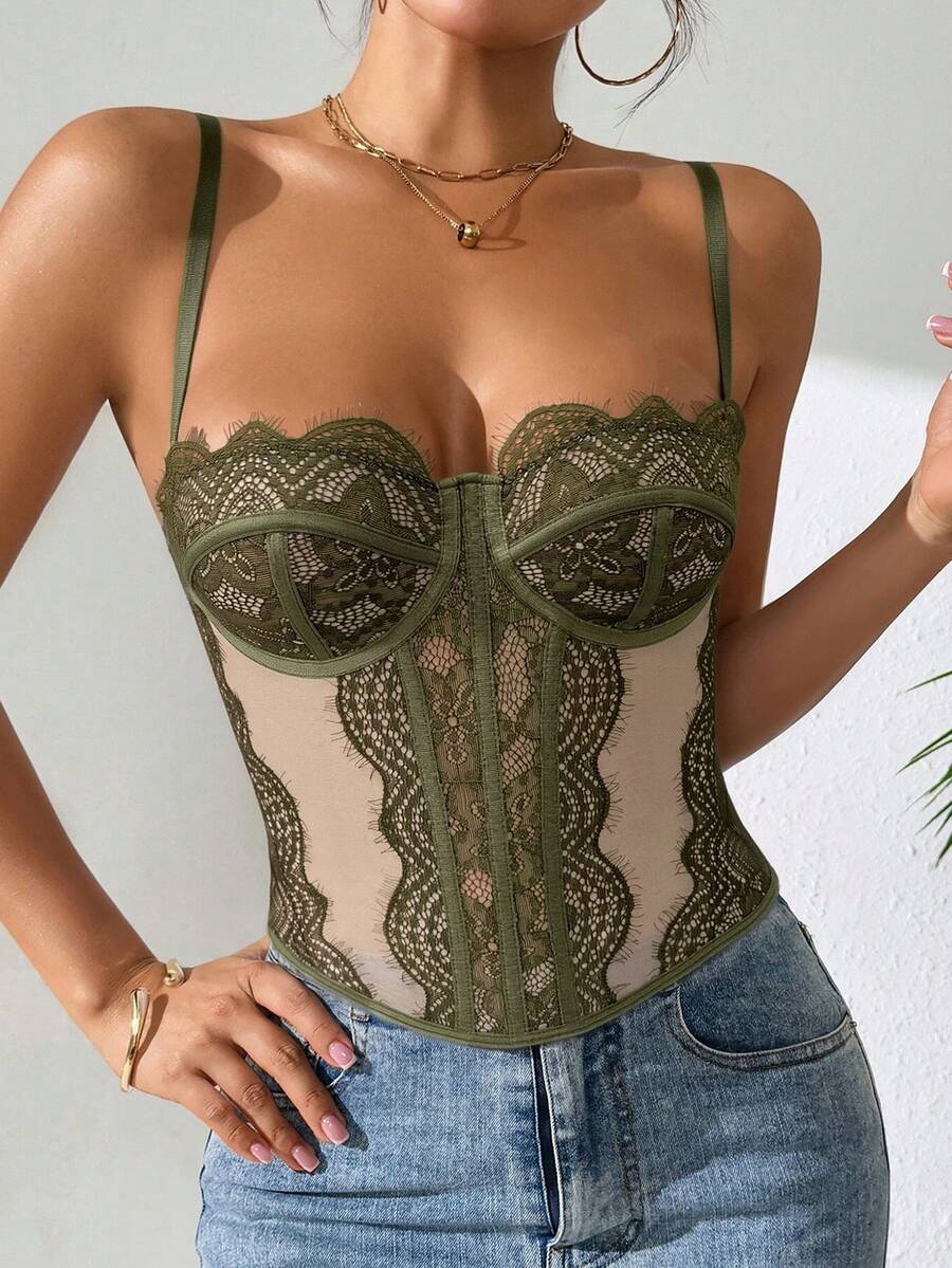 Women's brown lace trim cami corset crop top featuring a low cut neck, unlined body, and slim fit bodycon silhouette.