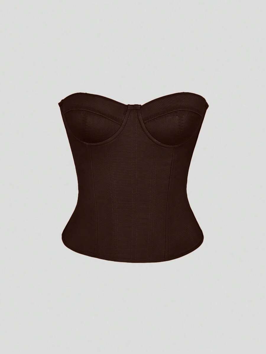 Red strapless corset top with boning and lace-up back, slim fit cropped tube top for women.