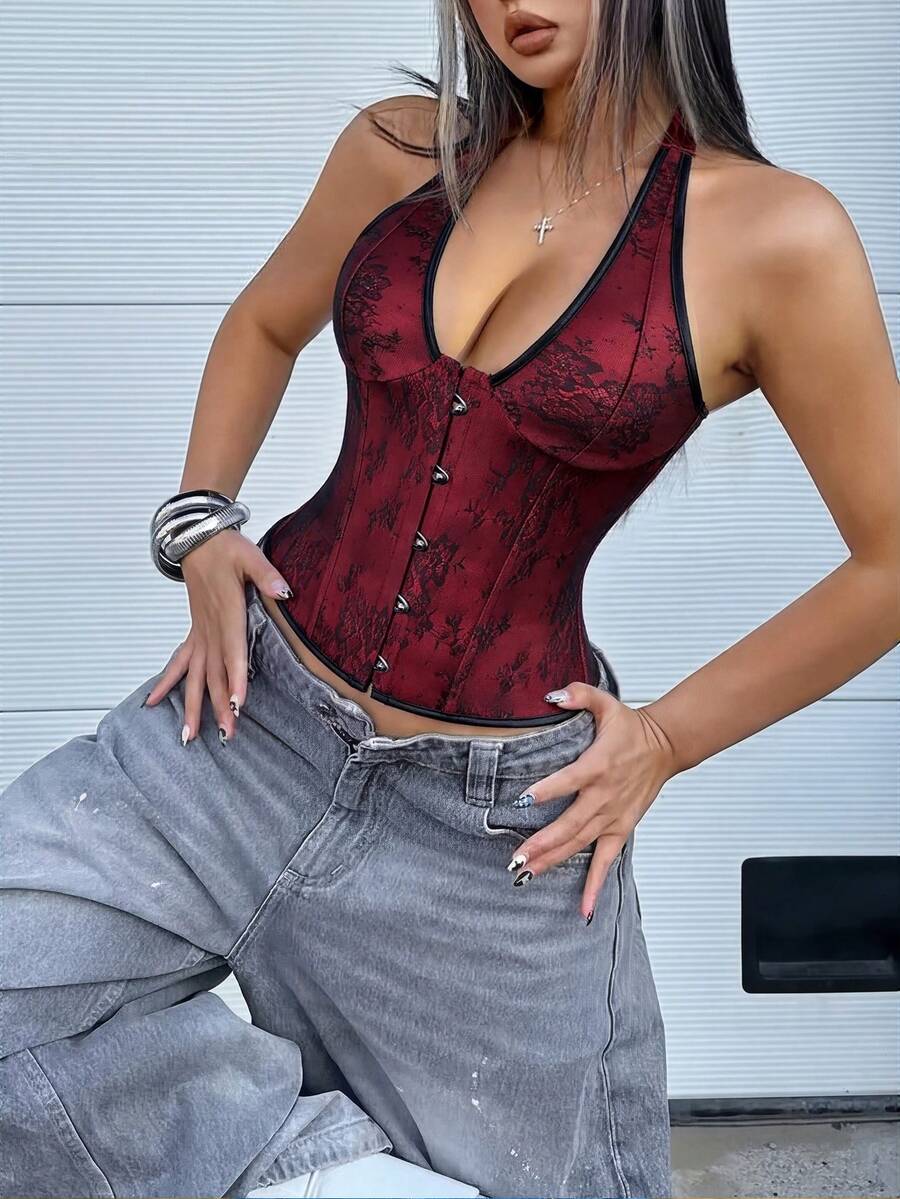 White satin corset crop top featuring a halter neck, slim fit, and back lace-up design.