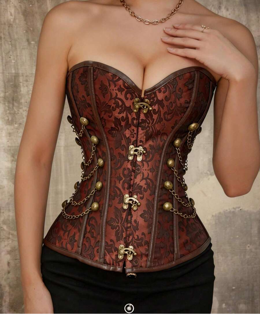 Women's black jacquard bustier tube top with chain detail, boned structure, and a slim fitted silhouette.