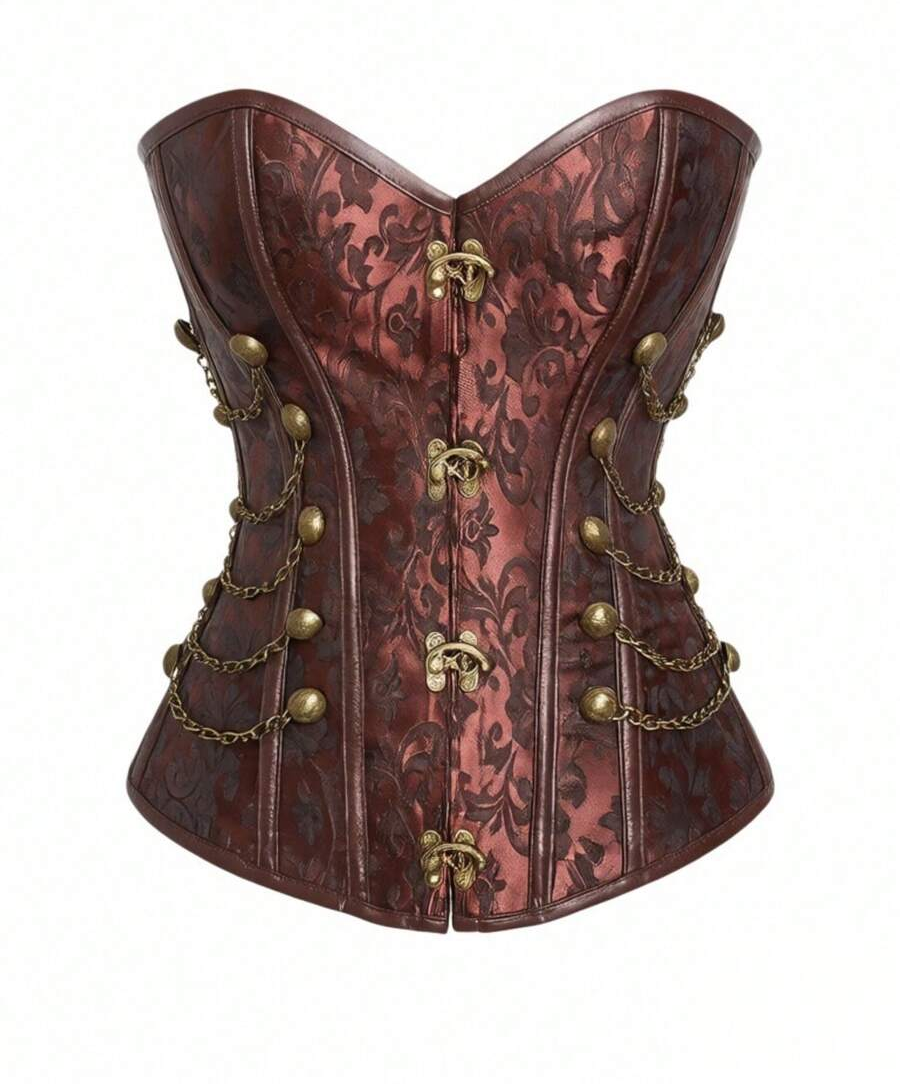 Women's black jacquard bustier tube top with chain detail, boned structure, and a slim fitted silhouette.