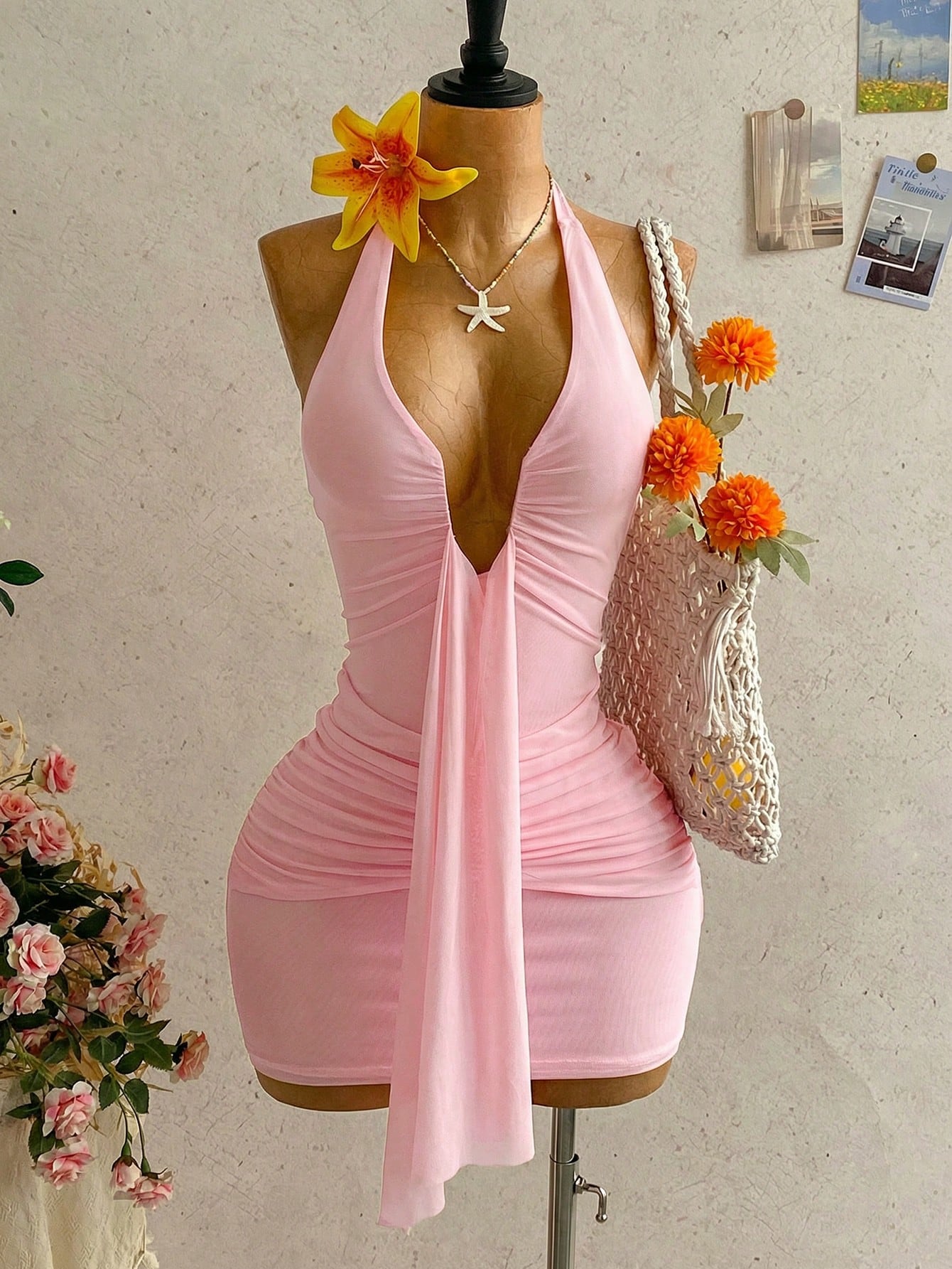 Women's Pale Yellow Halter Mini Dress,Deep V-Neck Ruched Bow Tie Summer Casual Sundress,Perfect For Holiday,Vacation,Beach,Party & Music Festival