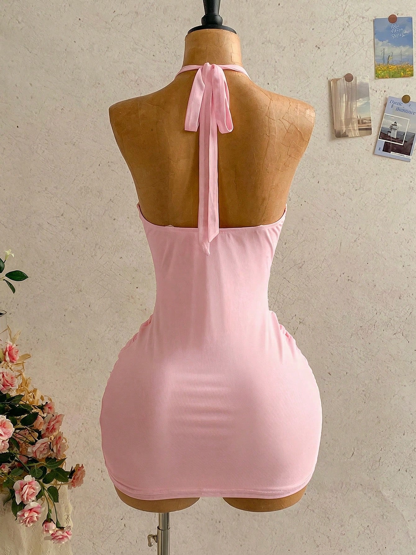 Women's Pale Yellow Halter Mini Dress,Deep V-Neck Ruched Bow Tie Summer Casual Sundress,Perfect For Holiday,Vacation,Beach,Party & Music Festival