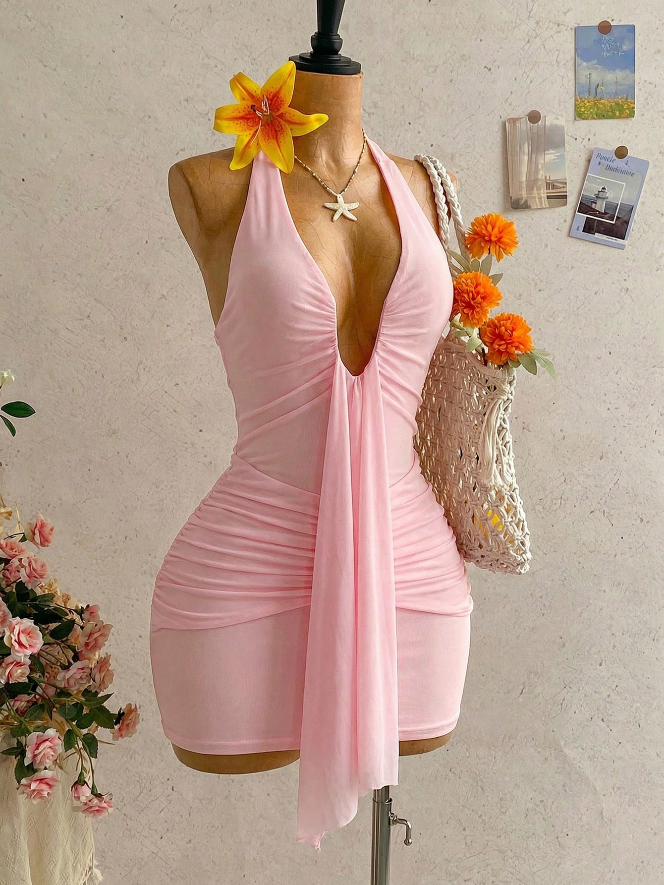 Women's Pale Yellow Halter Mini Dress,Deep V-Neck Ruched Bow Tie Summer Casual Sundress,Perfect For Holiday,Vacation,Beach,Party & Music Festival