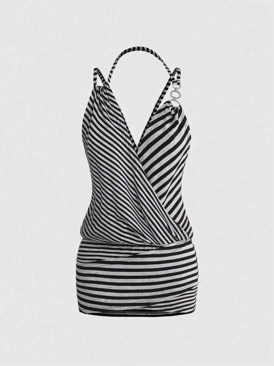 Women's striped halter bodycon mini dress featuring a sleeveless Y2K cami style in knitted high-stretch fabric with ring details.