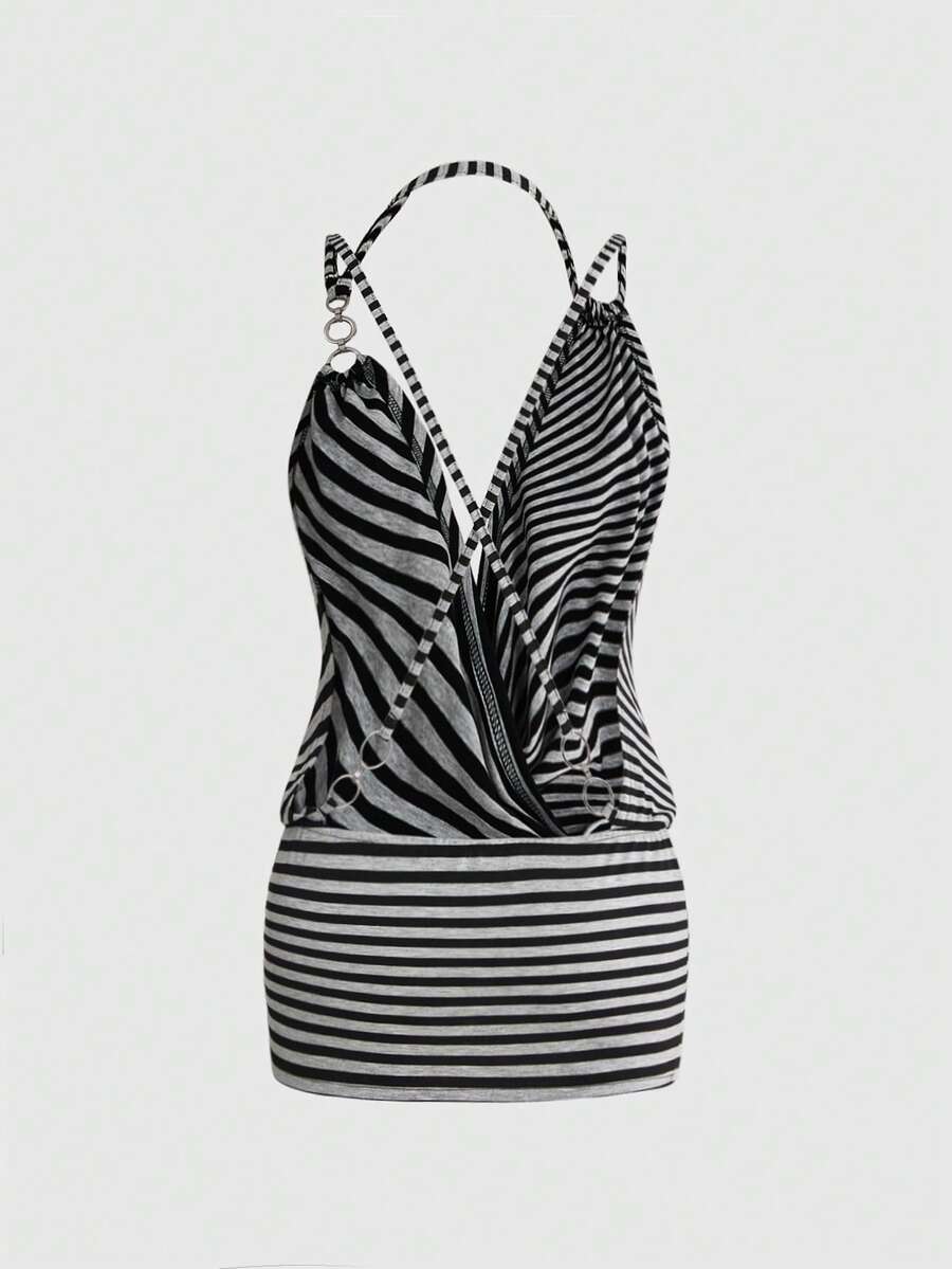 Women's striped halter bodycon mini dress featuring a sleeveless Y2K cami style in knitted high-stretch fabric with ring details.