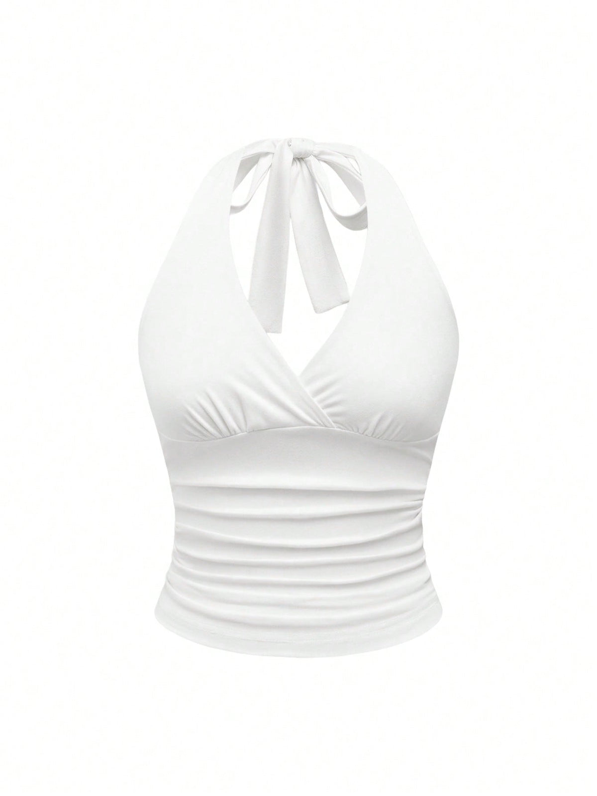 Women's halter crop tank top featuring a backless silhouette and ruched detailing in a slim fit design.