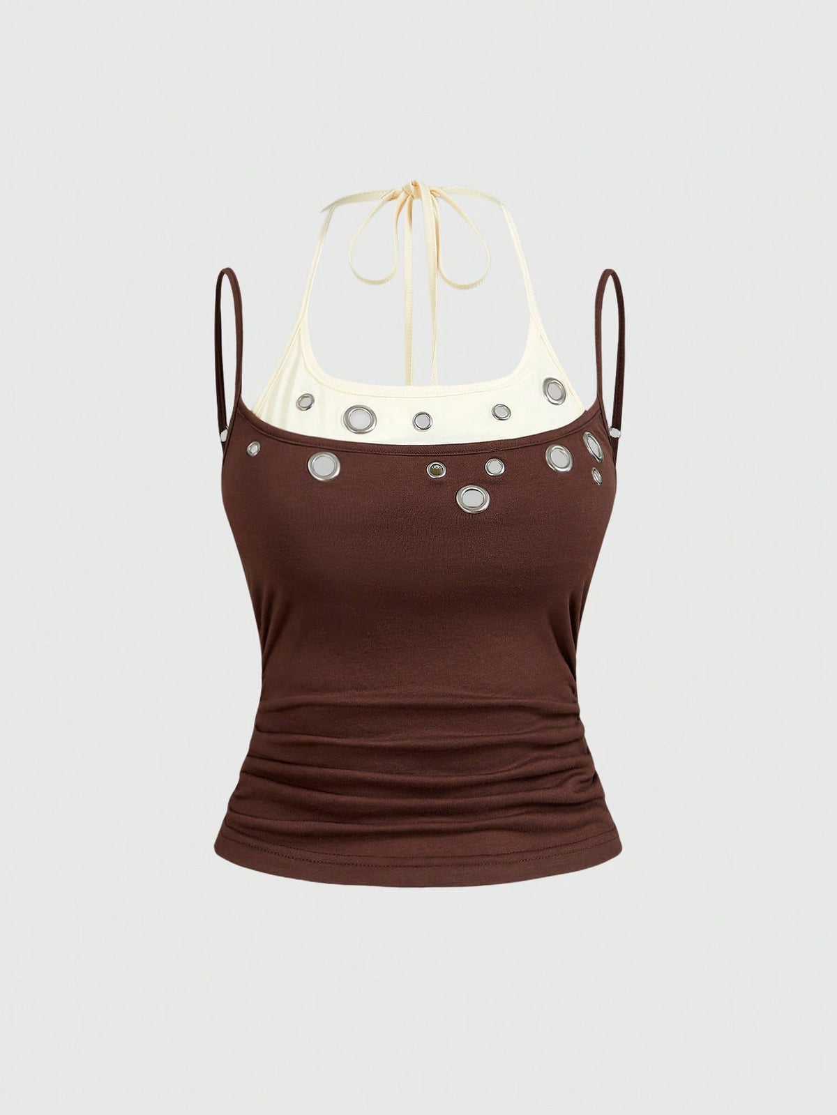 Black halter crop tank top for women featuring lace up front details, ruched accents, and appliques in a slim fit knitted fabric.