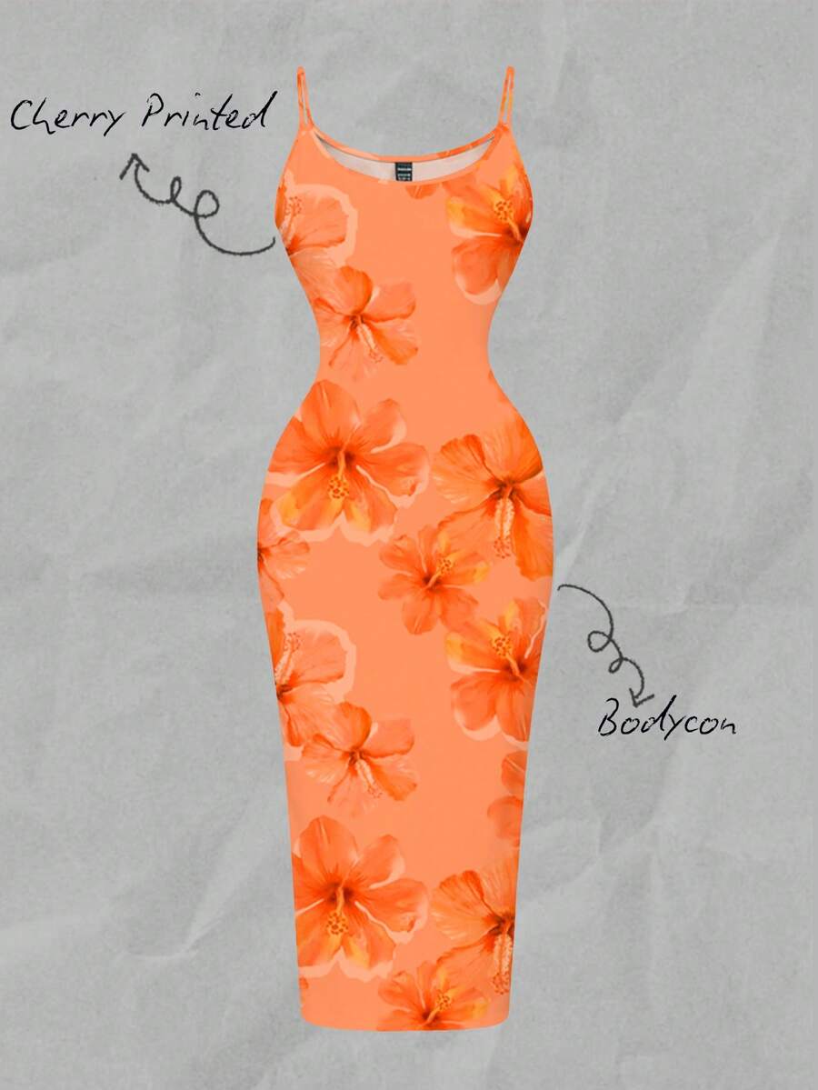 Women's minimalist floral daisy print bodycon cami dress with spaghetti straps, backless cut, high waist, and split thigh slit.
