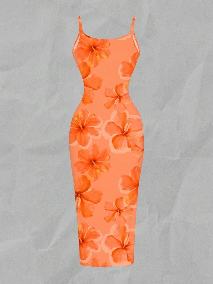 Women's minimalist floral daisy print bodycon cami dress with spaghetti straps, backless cut, high waist, and split thigh slit.