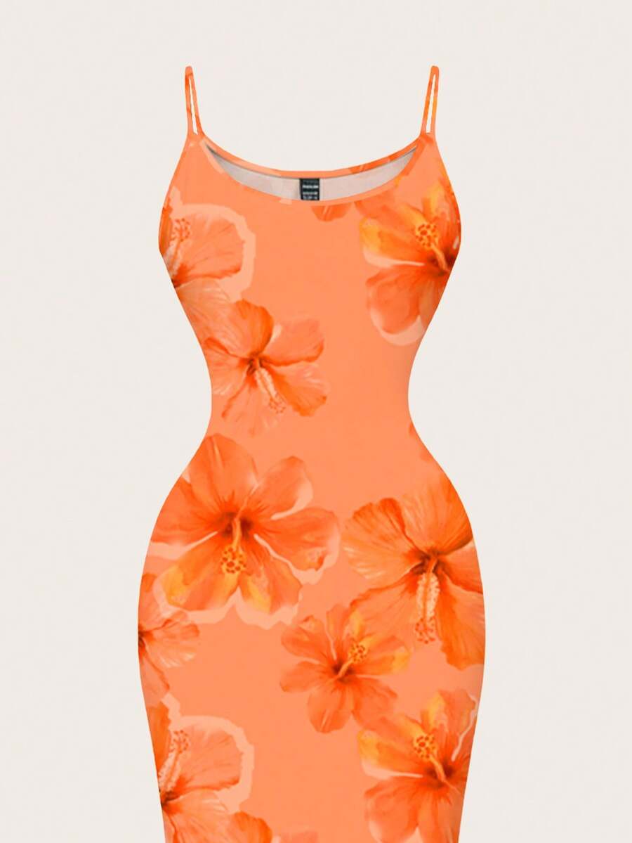 Women's minimalist floral daisy print bodycon cami dress with spaghetti straps, backless cut, high waist, and split thigh slit.
