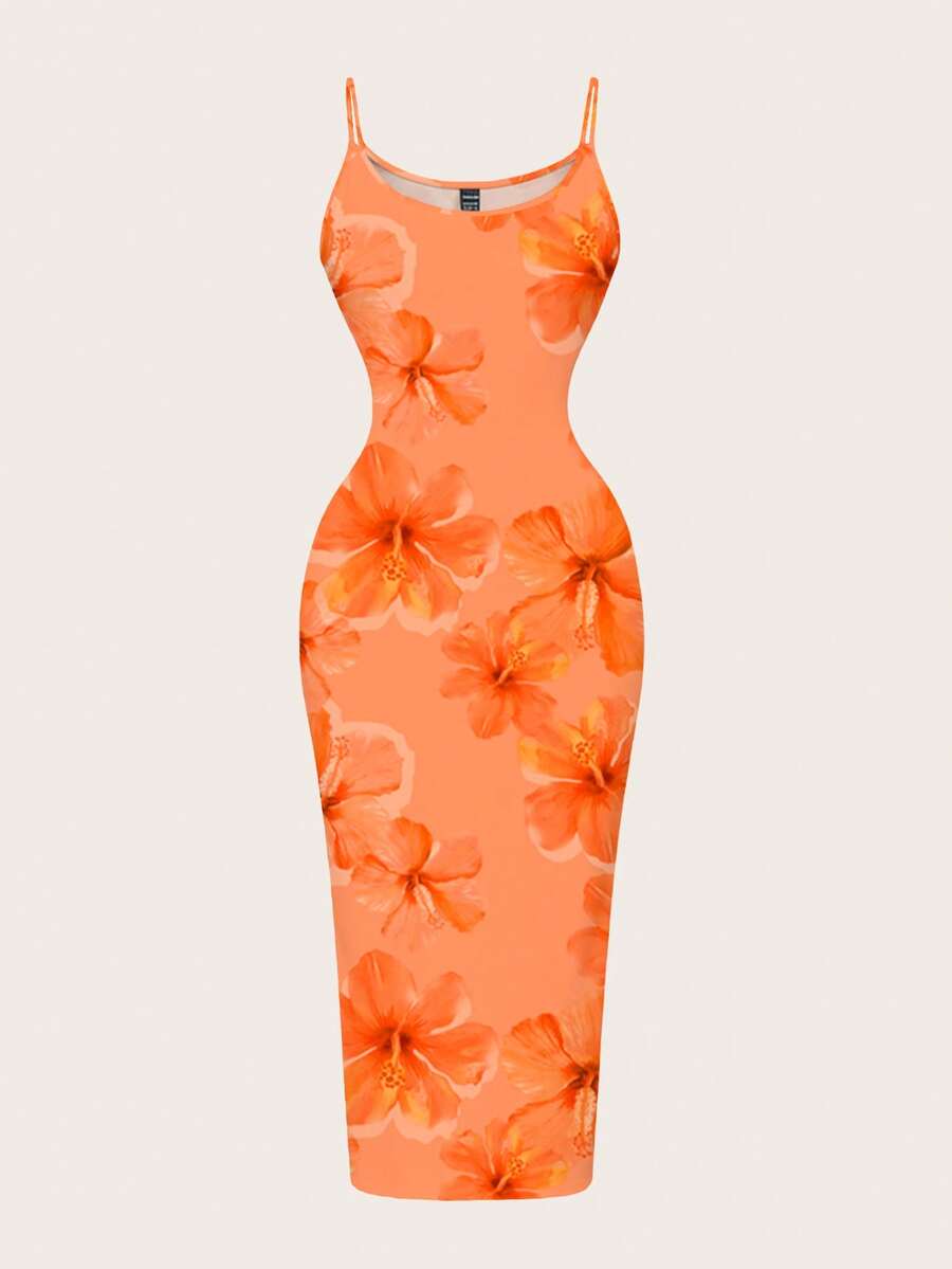 Women's minimalist floral daisy print bodycon cami dress with spaghetti straps, backless cut, high waist, and split thigh slit.