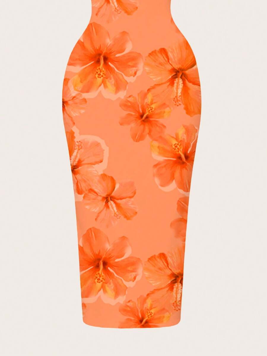 Women's minimalist floral daisy print bodycon cami dress with spaghetti straps, backless cut, high waist, and split thigh slit.