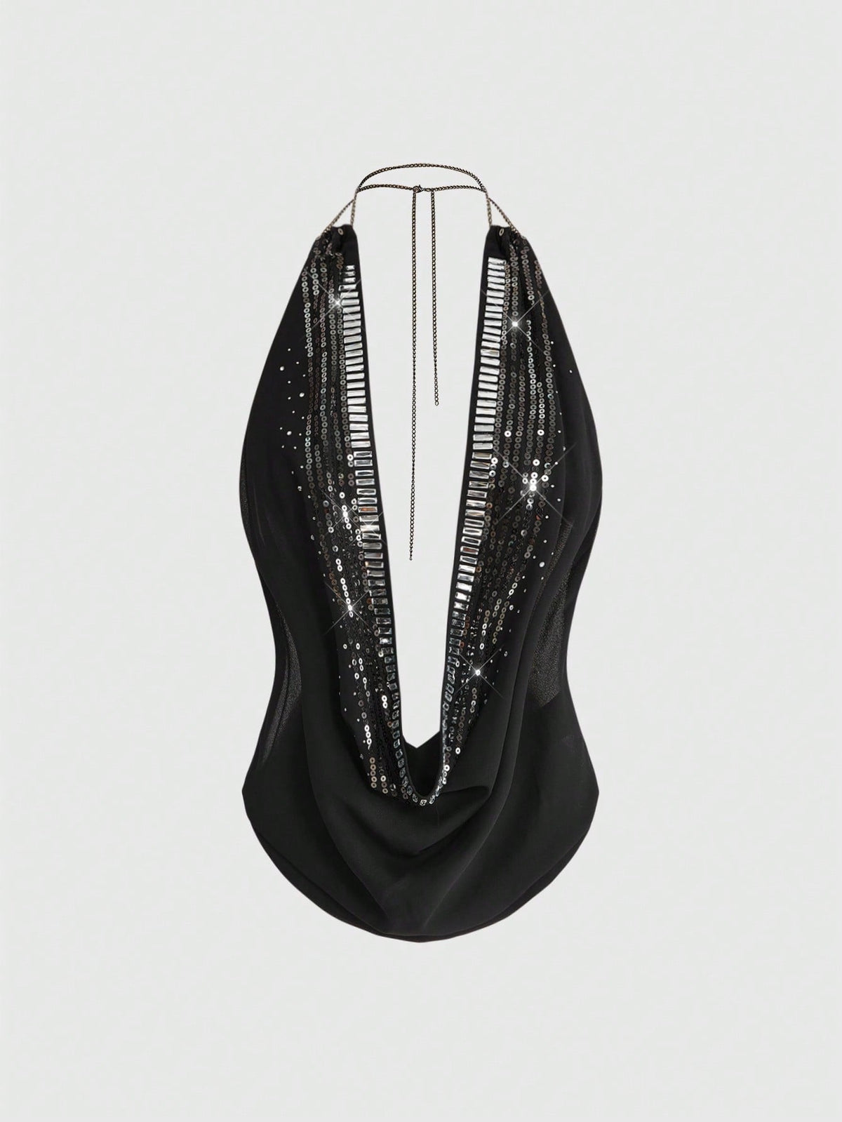 Women wearing a black Y2K draped halter neck backless sequin crop top crafted from semi-sheer chiffon fabric.