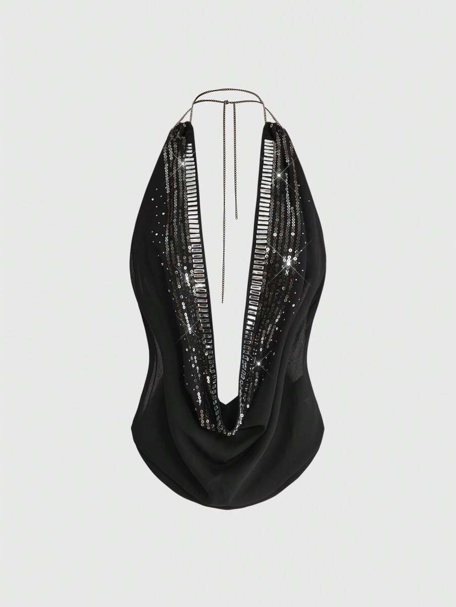 Women wearing a black Y2K draped halter neck backless sequin crop top crafted from semi-sheer chiffon fabric.
