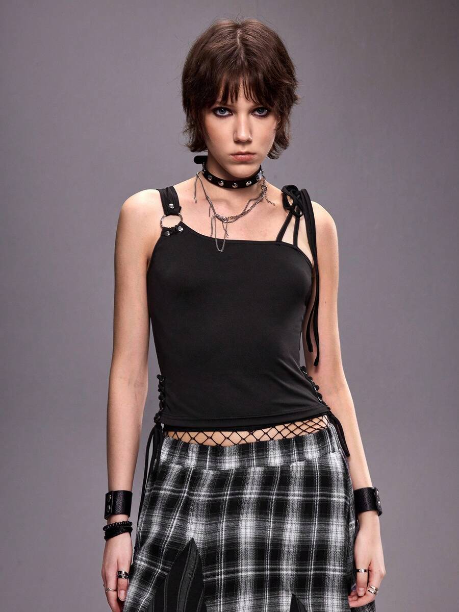Women's black asymmetrical shoulder tie cami top with metallic ring detail and slim fit design.