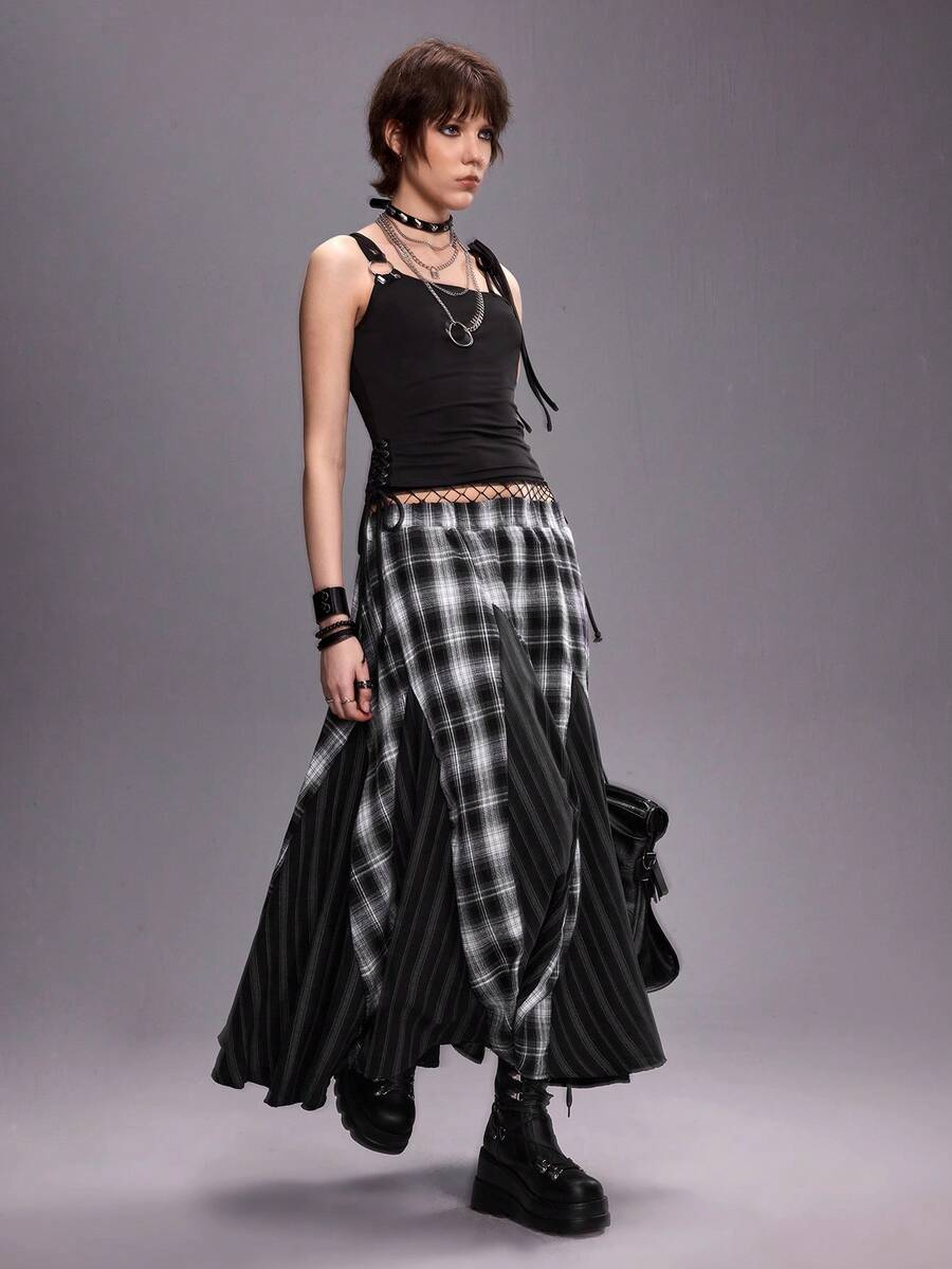 Women's black asymmetrical shoulder tie cami top with metallic ring detail and slim fit design.