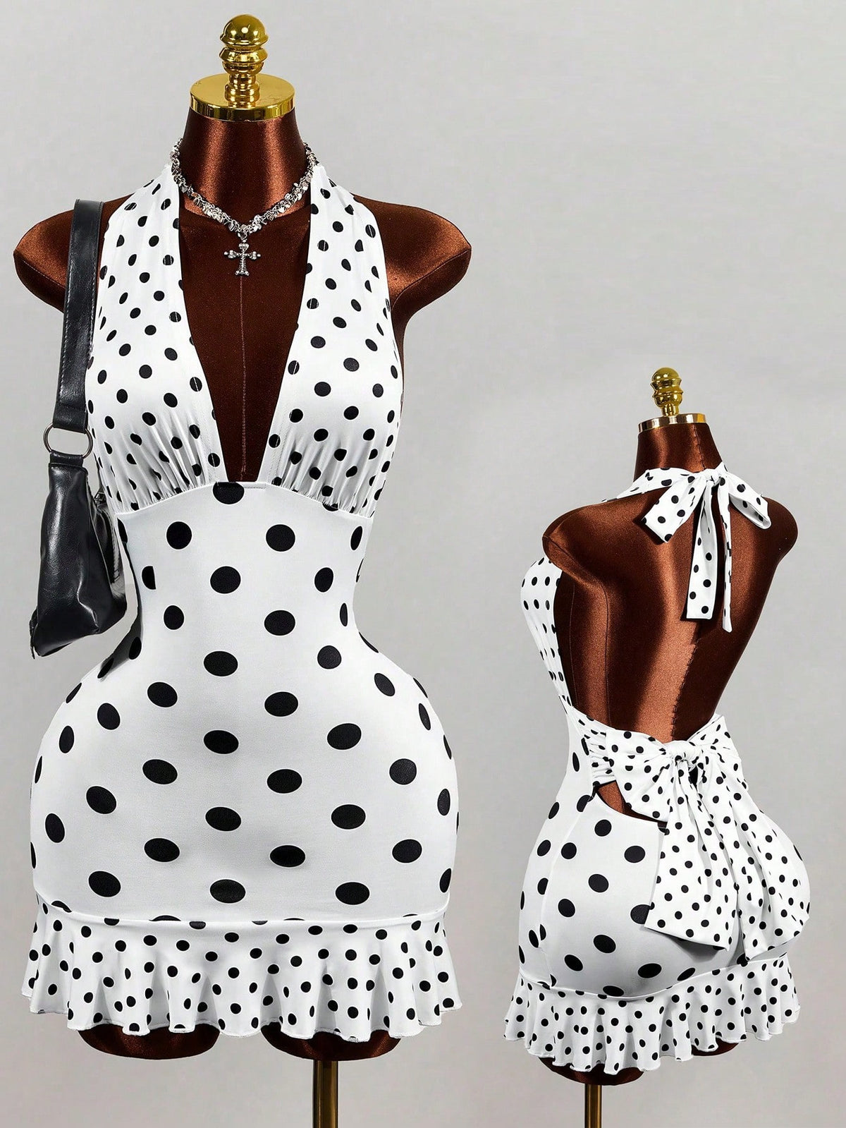Women's white sleeveless halter bodycon mini dress featuring a deep V backless cut, large back bow, high waist, and ruffle pencil hem.