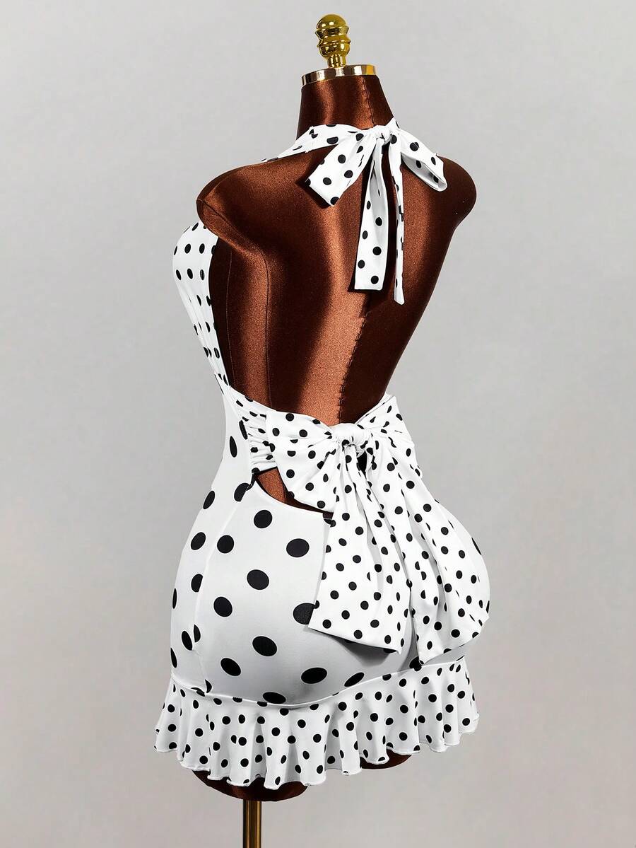 Women's white sleeveless halter bodycon mini dress featuring a deep V backless cut, large back bow, high waist, and ruffle pencil hem.