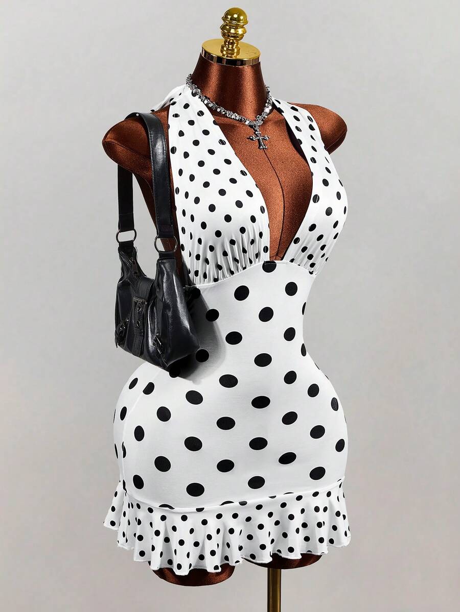 Women's white sleeveless halter bodycon mini dress featuring a deep V backless cut, large back bow, high waist, and ruffle pencil hem.