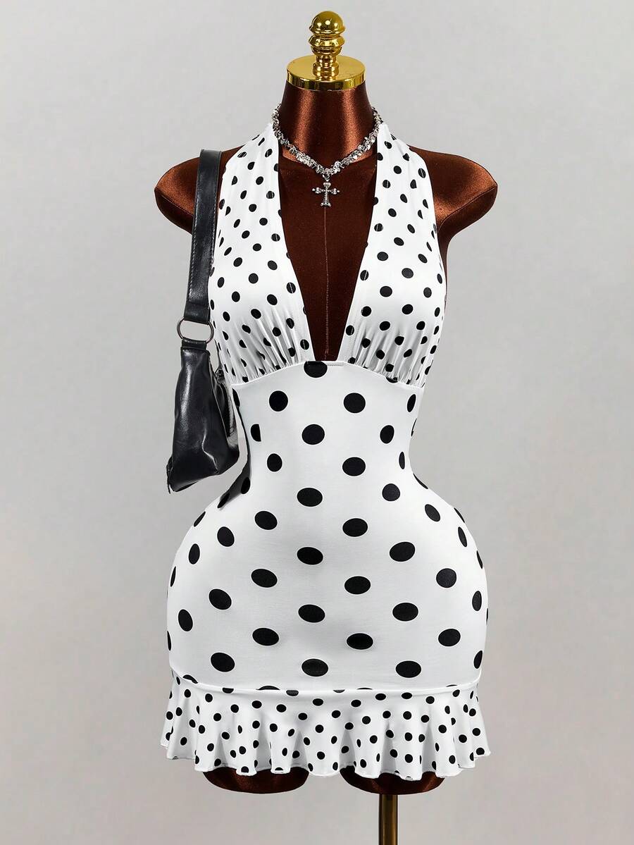 Women's white sleeveless halter bodycon mini dress featuring a deep V backless cut, large back bow, high waist, and ruffle pencil hem.