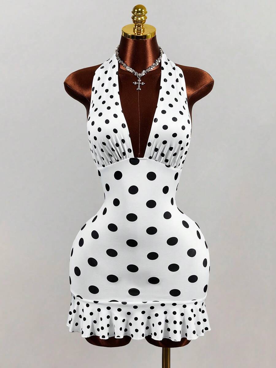 Women's white sleeveless halter bodycon mini dress featuring a deep V backless cut, large back bow, high waist, and ruffle pencil hem.