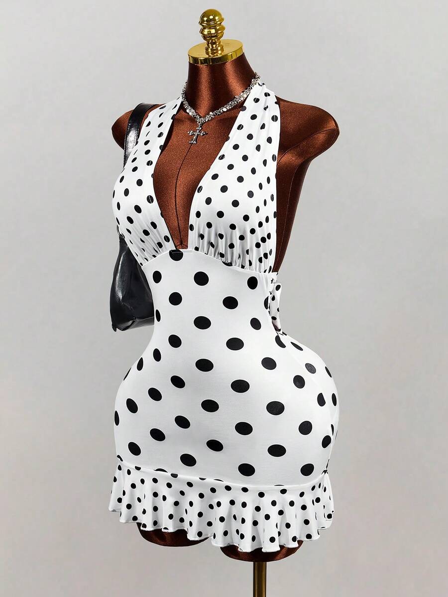 Women's white sleeveless halter bodycon mini dress featuring a deep V backless cut, large back bow, high waist, and ruffle pencil hem.