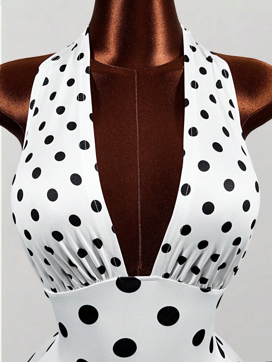 Women's white sleeveless halter bodycon mini dress featuring a deep V backless cut, large back bow, high waist, and ruffle pencil hem.