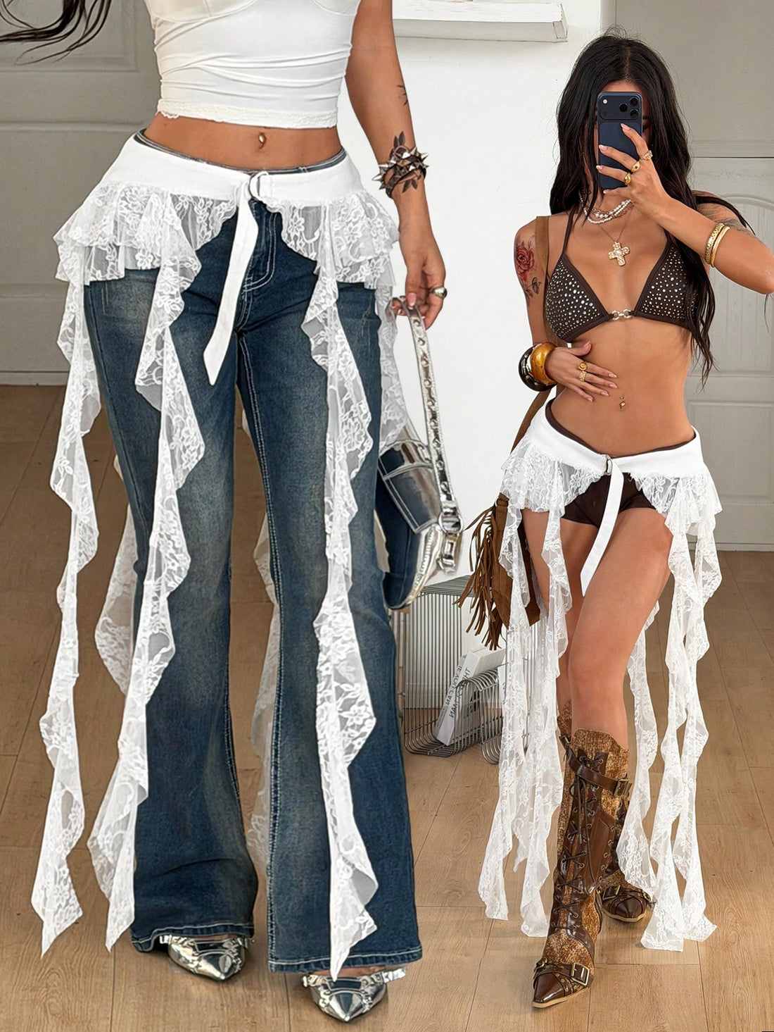 White semi-sheer lace fringe ruffle long skirt featuring a low waist, asymmetrical hem, and textured pattern for women's festival outfits.