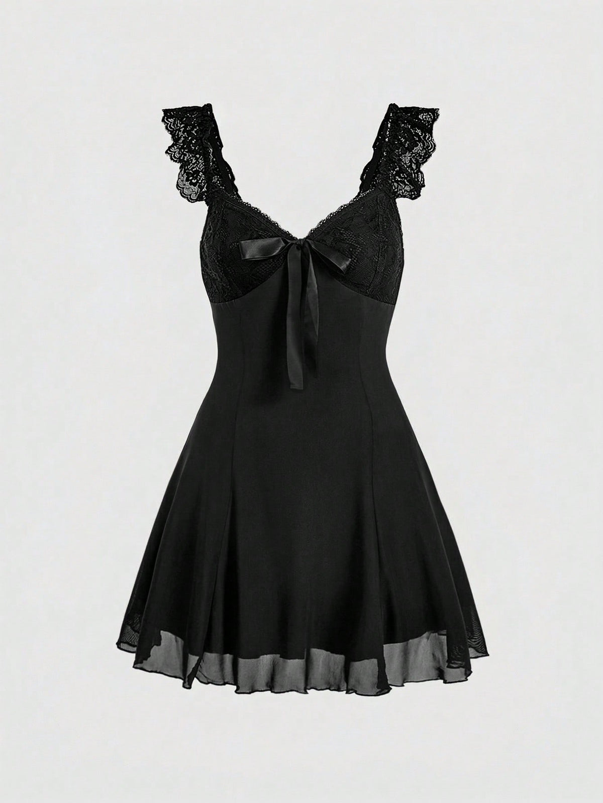 Gothic style lace patchwork sleeveless mini dress for women featuring a sweetheart neckline, high waist flared hem, contrast lace, bow, and knot details.