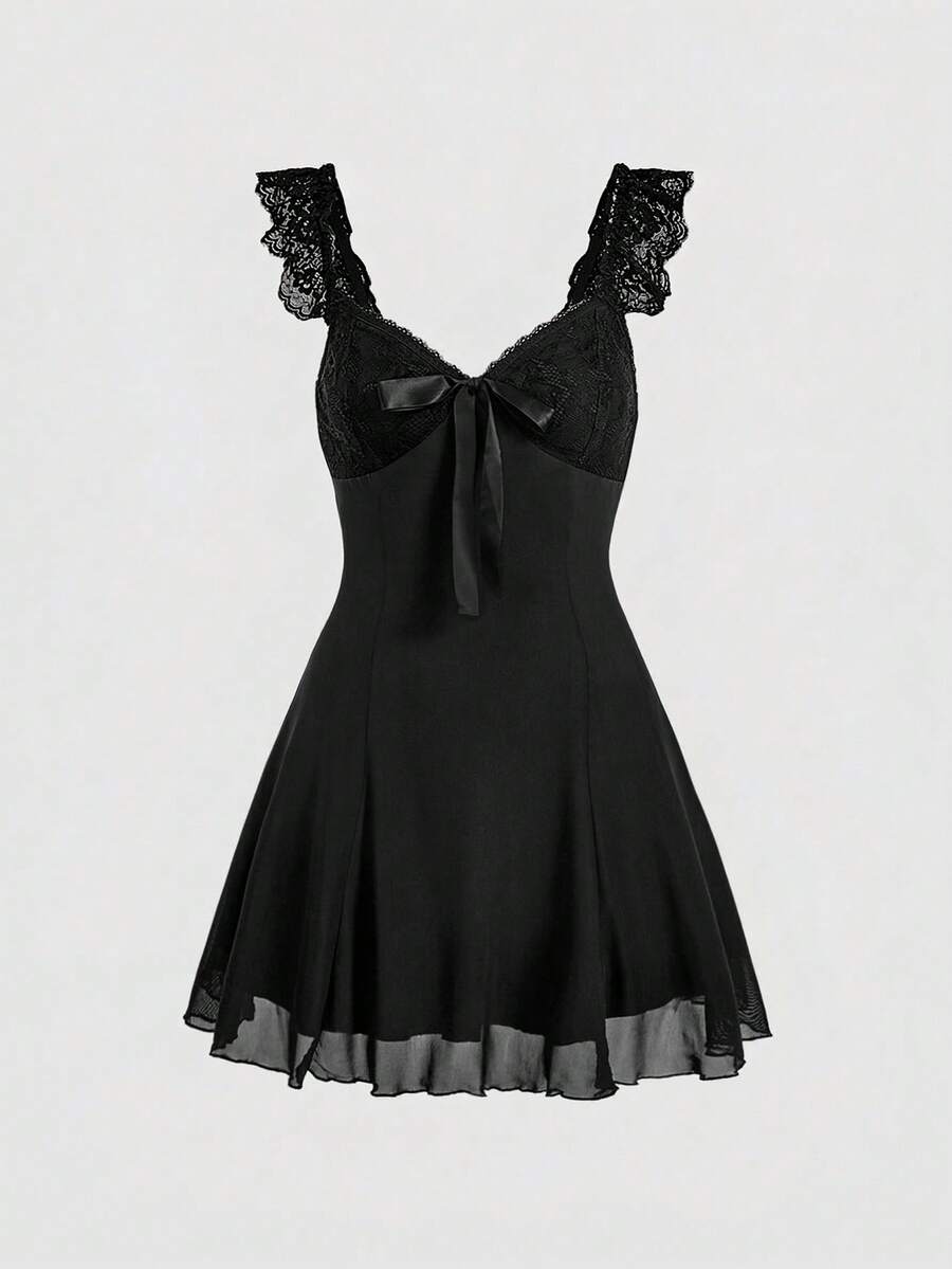 Gothic style lace patchwork sleeveless mini dress for women featuring a sweetheart neckline, high waist flared hem, contrast lace, bow, and knot details.