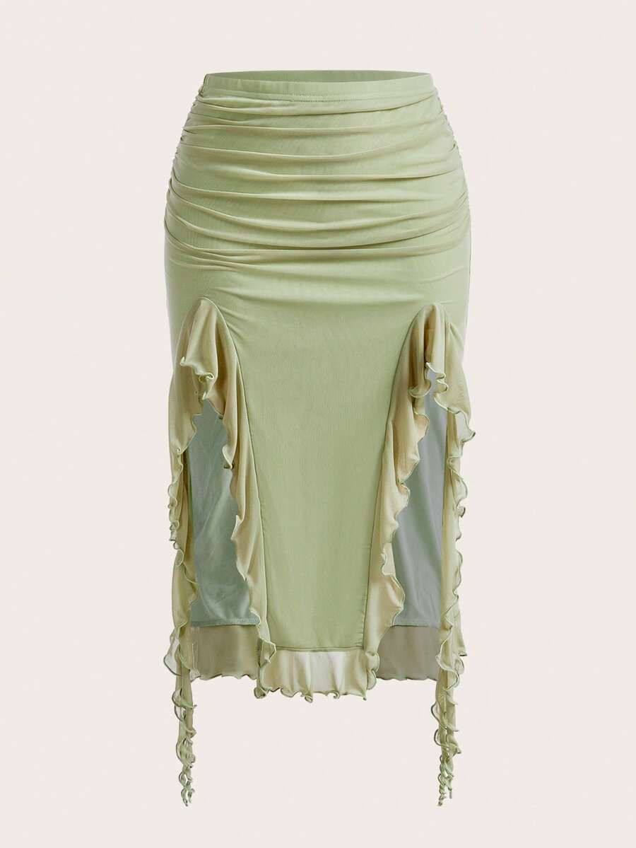 Women's black low rise asymmetrical midi skirt with ruched mesh fabric and layered ruffle hem