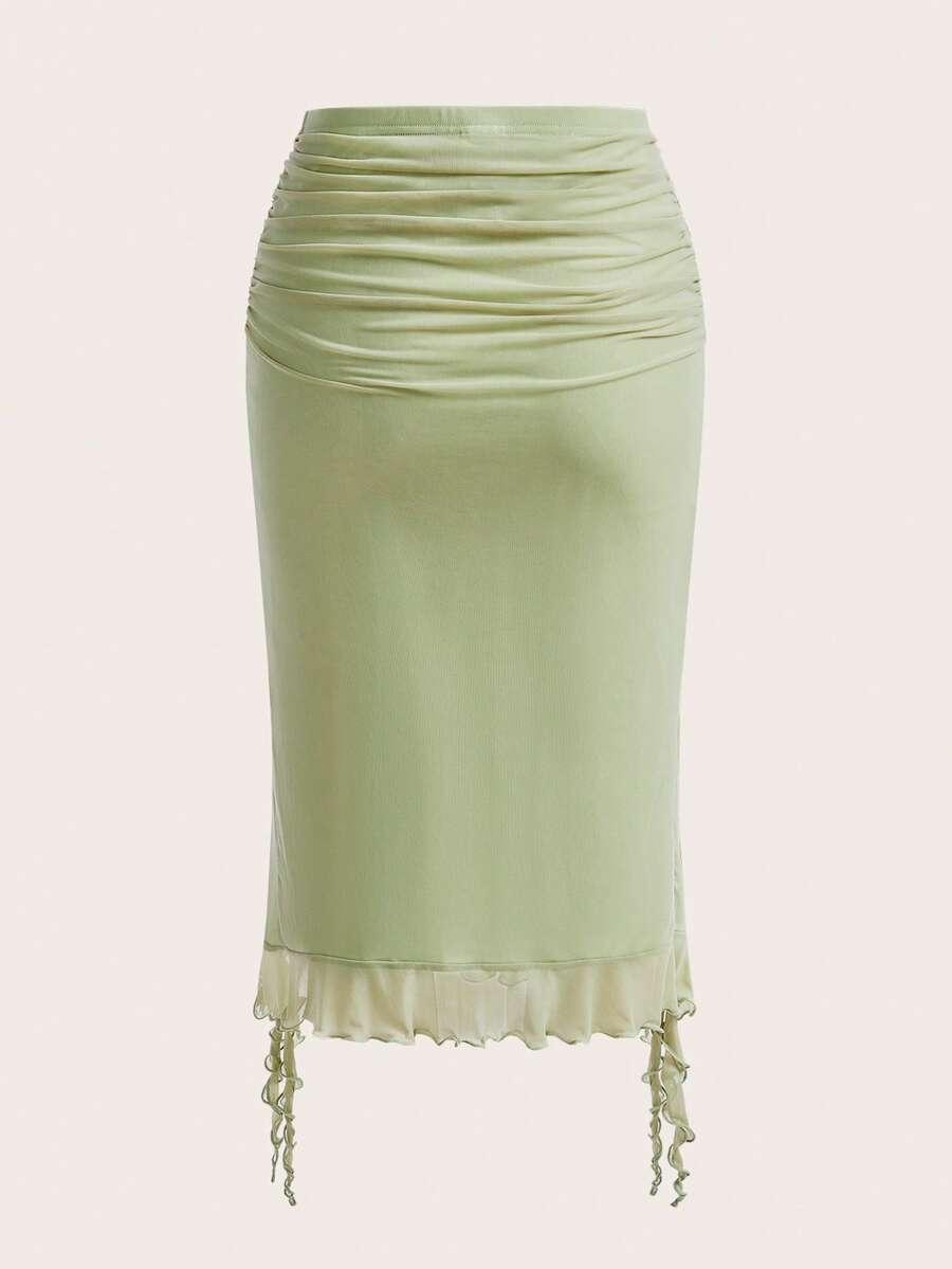 Women's black low rise asymmetrical midi skirt with ruched mesh fabric and layered ruffle hem