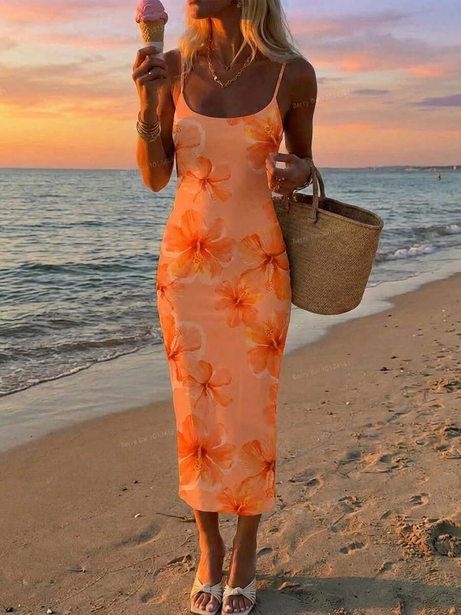 Women's minimalist floral daisy print bodycon cami dress with spaghetti straps, backless cut, high waist, and split thigh slit.