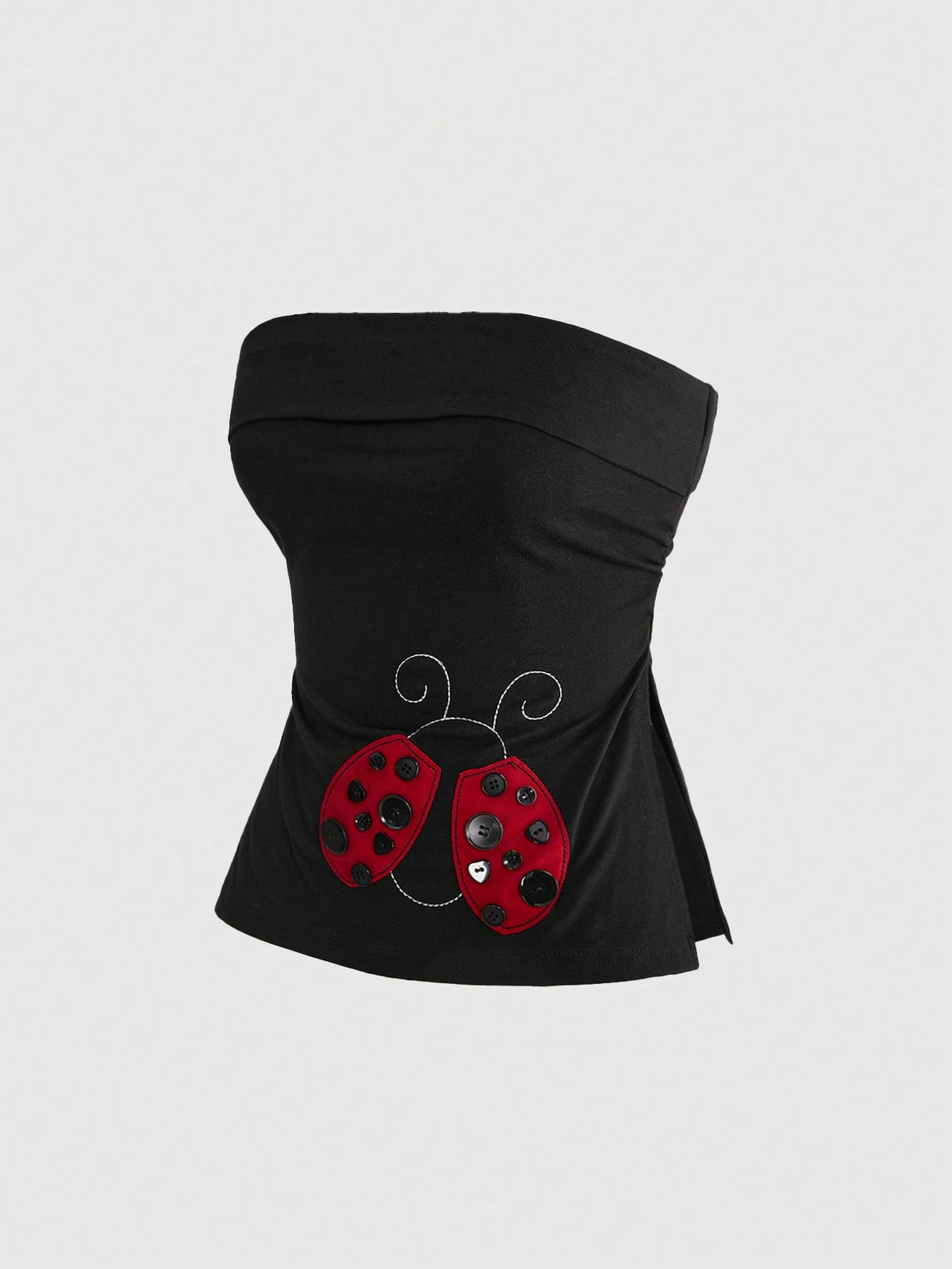 Women's black cropped strapless camisole top with ladybug embroidery and rhinestone details.