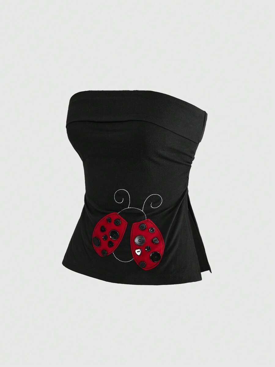 Women's black cropped strapless camisole top with ladybug embroidery and rhinestone details.