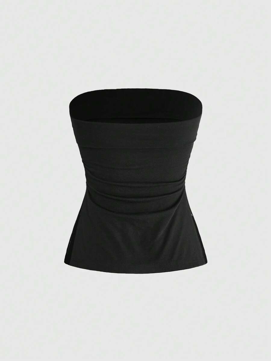 Women's black cropped strapless camisole top with ladybug embroidery and rhinestone details.
