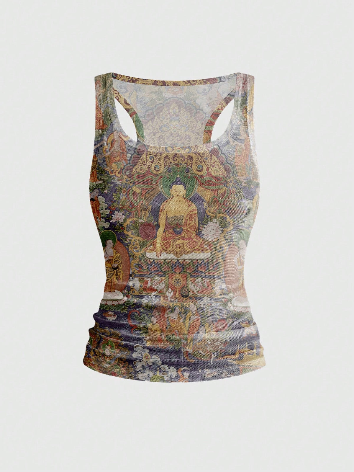 Women's slim fit tank top featuring a tiger dragon folk print, square neckline, cut out detail, and sleeveless cut in beige knitted fabric.