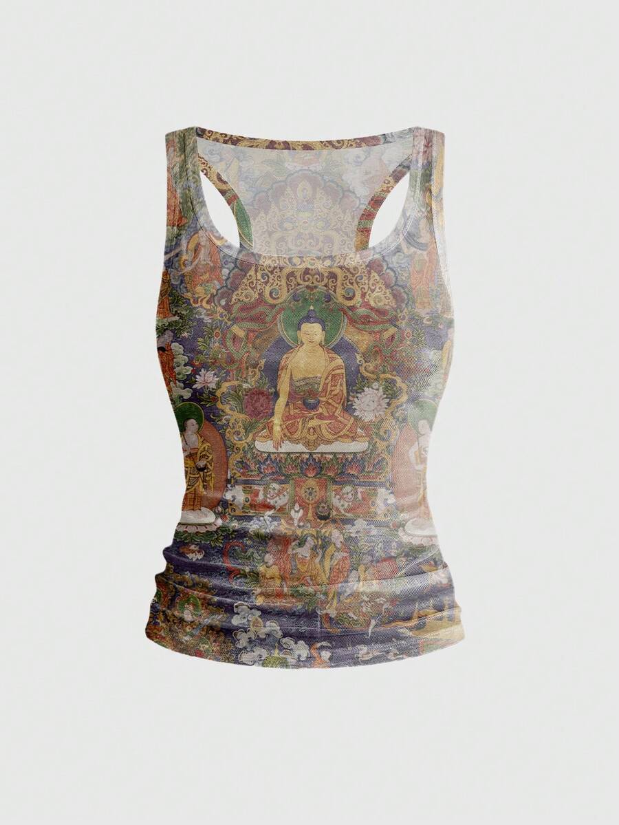 Women's slim fit tank top featuring a tiger dragon folk print, square neckline, cut out detail, and sleeveless cut in beige knitted fabric.