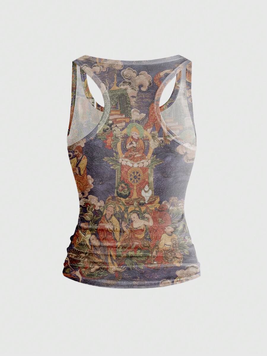 Women's slim fit tank top featuring a tiger dragon folk print, square neckline, cut out detail, and sleeveless cut in beige knitted fabric.