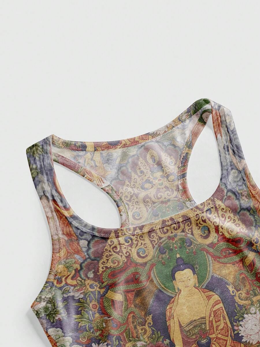 Women's slim fit tank top featuring a tiger dragon folk print, square neckline, cut out detail, and sleeveless cut in beige knitted fabric.